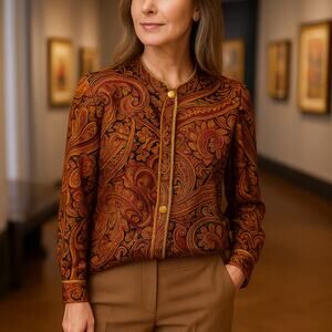 Vintage Maggy London 100% Silk Paisley Blouse Sz 4 Bronze Gold Trim